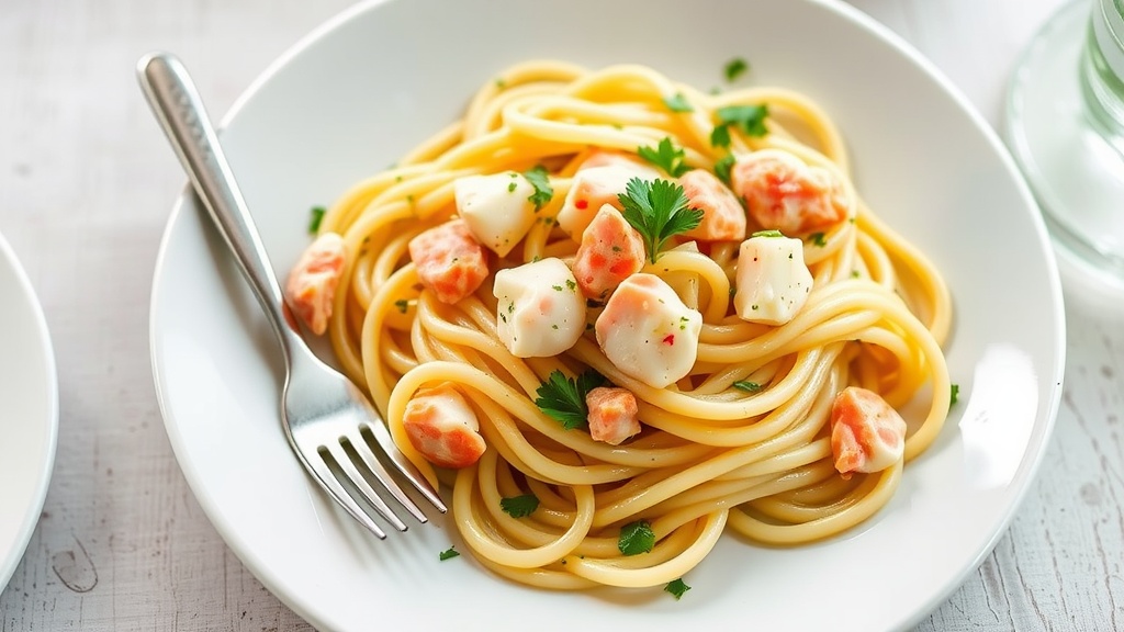 Delicious Crab Linguine Recipe Delicious Crab Linguine served with crab meat and parsley on a rustic table.